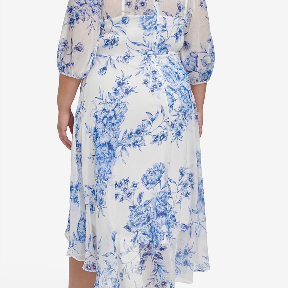Calvin Klein Blue and White Asymmetrical Tiered Dress faux wrap